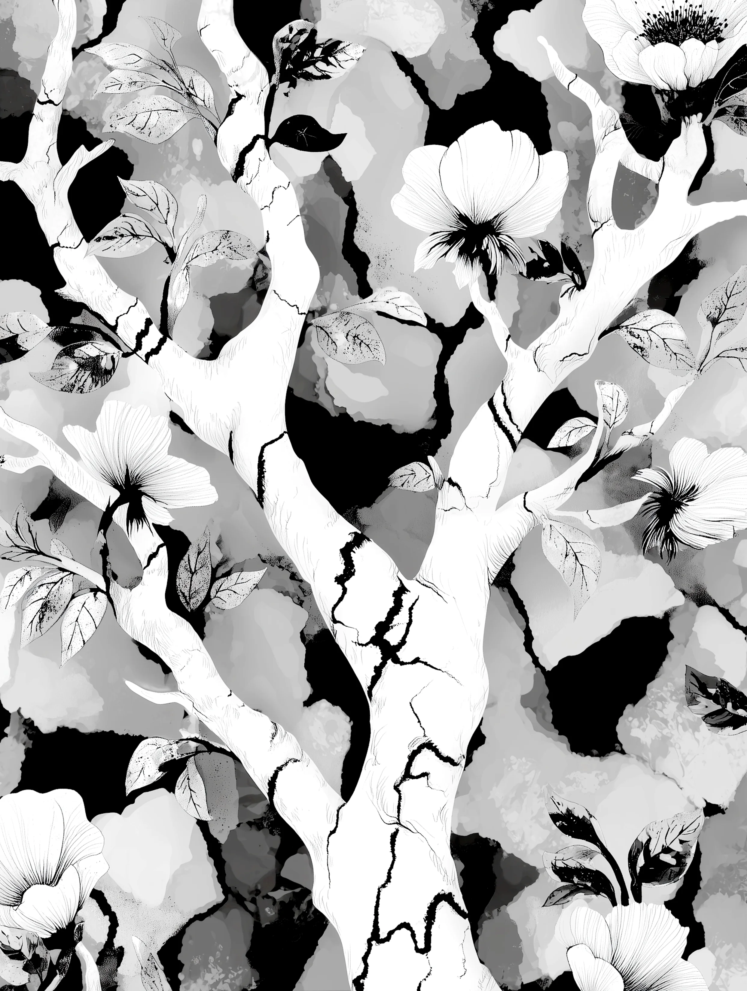 Free printable dead tree coloring page for adults featuring cracked white trunk dead tree